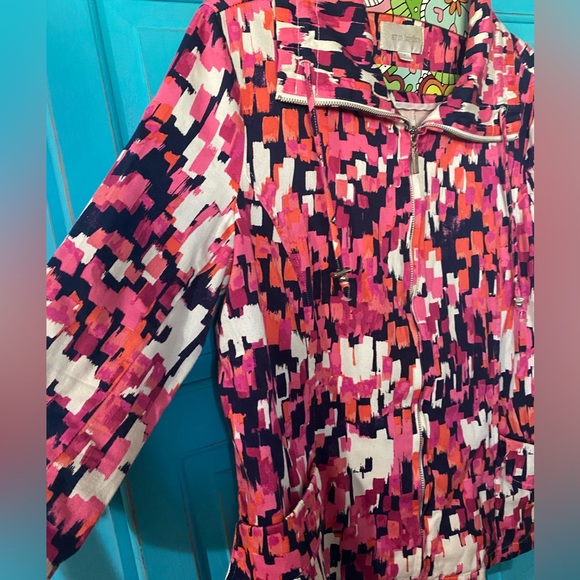 Cotton Stretch Jacket Pockets Statement Collar Zip Designer Pink Blue Print - Picture 4 of 15